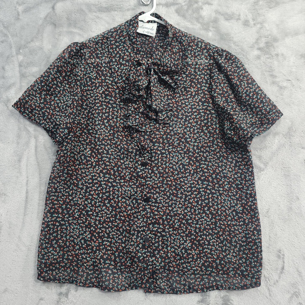 Vintage Alamode Of California Top Womens‎ M Black Sheer Bow Ruffled Short Sleeve